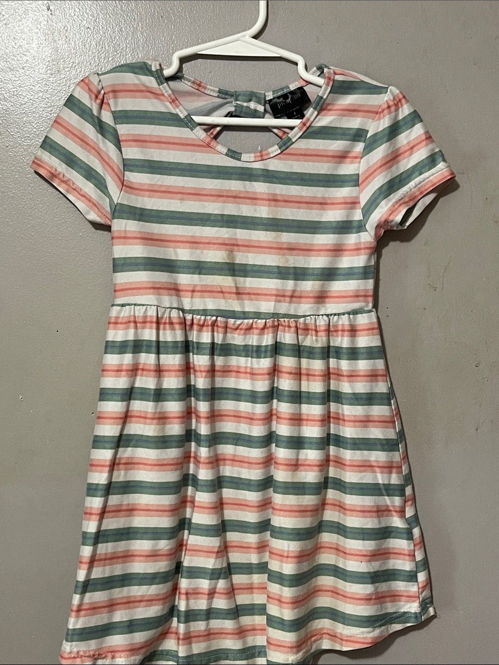 Striped Pastel Short Sleeve Kids Dress - White, Pink & Green